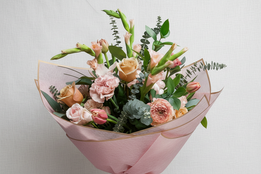Peach Parfait hand‑tied bouquet with peach, cream, and blush flowers handcrafted in Carleton Place