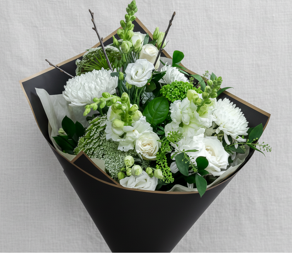 Pure & Simple hand‑tied bouquet with soft white flowers handcrafted in Carleton Place